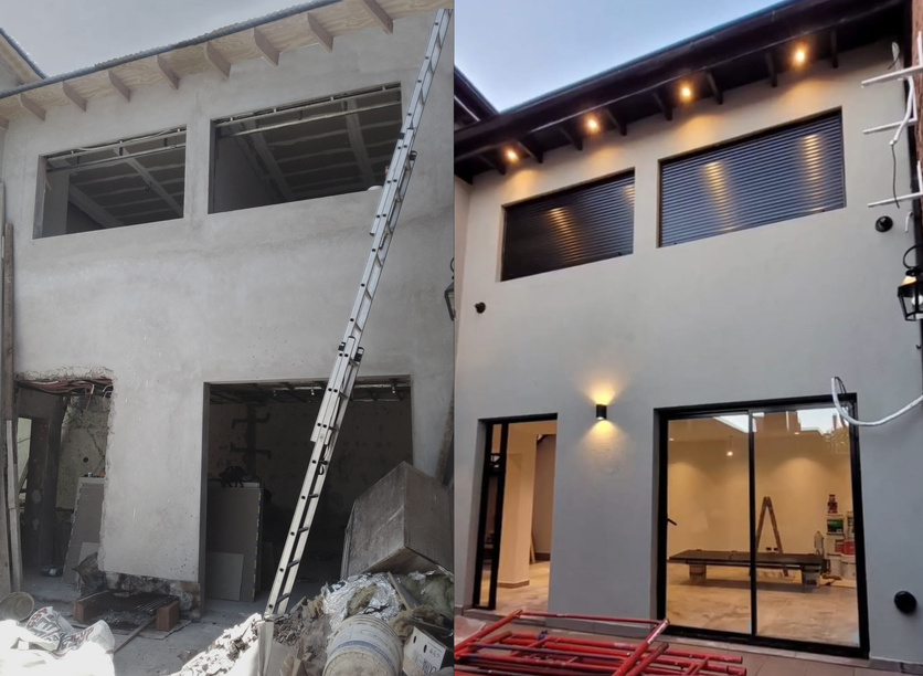 Casa antes y después de ampliación: frente en construcción y resultado terminado con iluminación nocturna